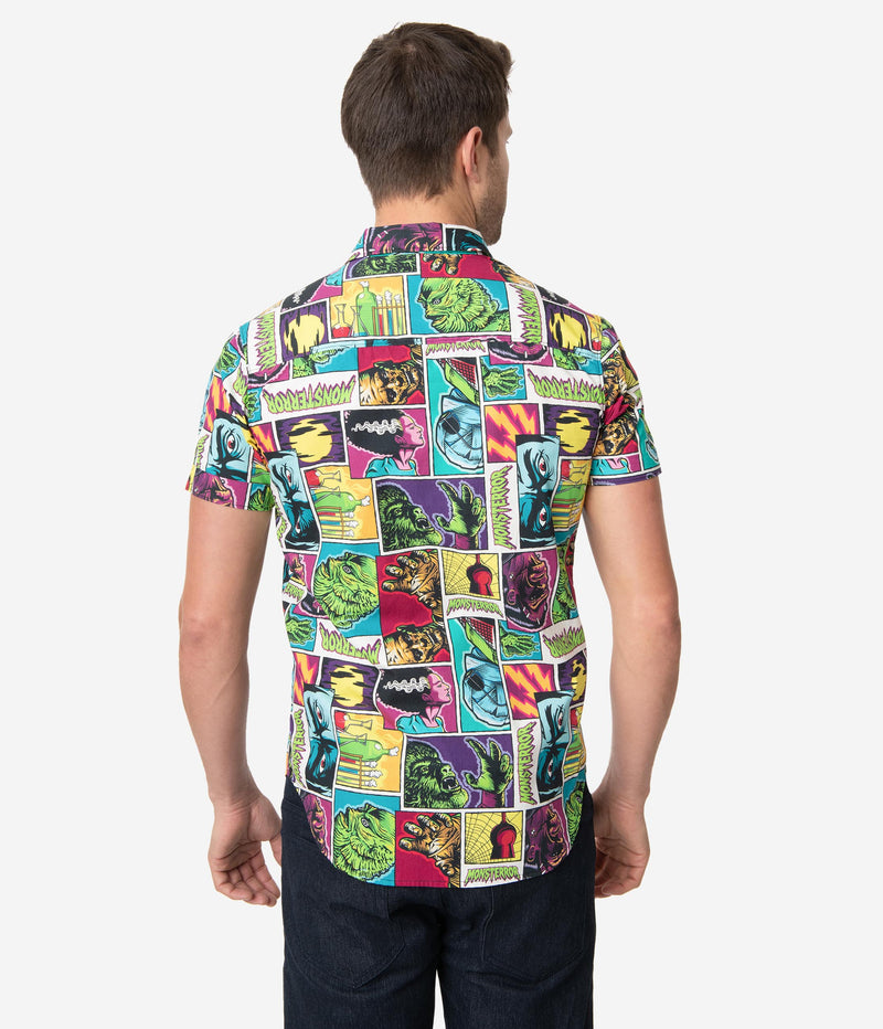 This is a Universal Monsters mens retro shirt by Unique Vintage, with Creature, Frankenstein, Dracula, Mummy, Bride, Wolfman and it has a collar short sleeves and the model has dark blonde hair and is wearing blue jeans.