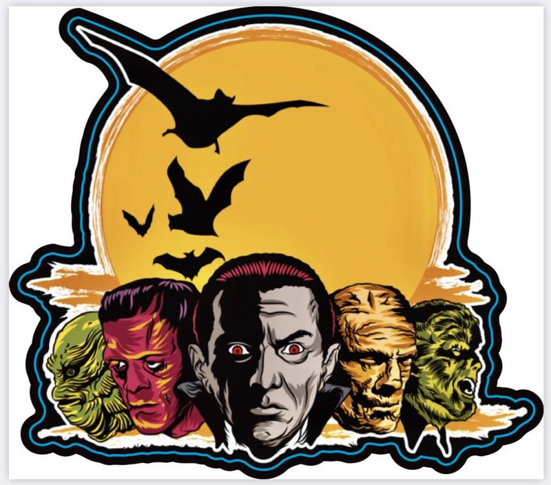 This is a Universal Monsters die cut magnet that has a green Creature, Frankenstein, Dracula, Mummy and Wolfman, a yellow moon and black bats.