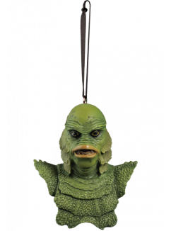 This is a Universal Monsters Creature From the Black Lagoon ornament that is a green monster with big lips and a ribbon hanger.