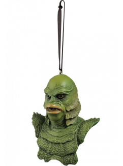 This is a Universal Monsters Creature From the Black Lagoon ornament that is a green monster with big lips, scales, fins and a ribbon hanger.