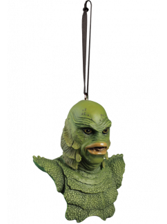 This is a Universal Monsters Creature From the Black Lagoon ornament that is a green monster with big lips, scales and a ribbon hanger.