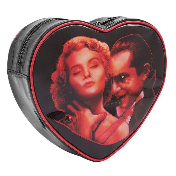 This is a Universal Monsters Heart backpack purse and ihe is choking a woman with blonde hair.