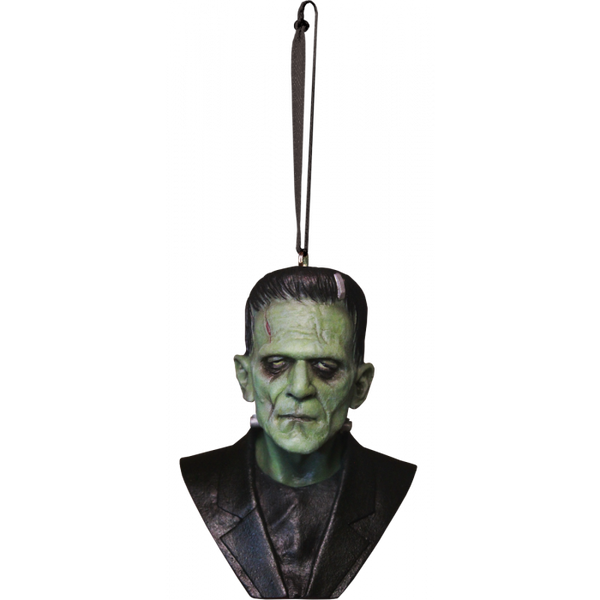 This is a Universal Monsters Frankenstein ornament and he is green with cuts and wearing a black jacket.