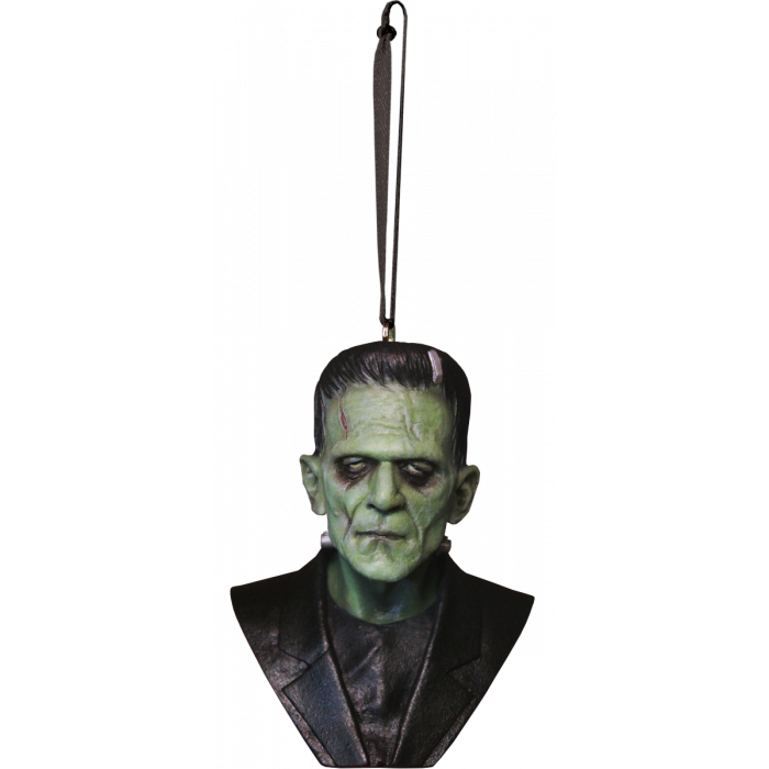 This is a Universal Monsters Frankenstein ornament and he is green with cuts and wearing a black jacket.