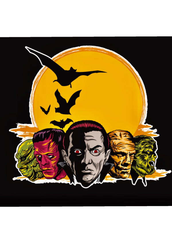This is a Universal Monsters sticker that has a green Creature, Frankenstein, Dracula, Mummy and Wolfman, a yellow moon and black bats.
