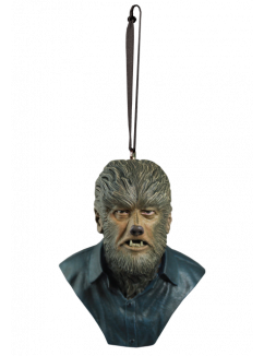 This is a Universal Monsters Wolfman ornament of a monster with fur on his face and neck, sharp teeth and a button up shirt.