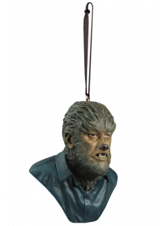 This is a Universal Monsters Wolfman ornament of a man with fur on his face and neck, pointy teeth and a button up grey shirt.