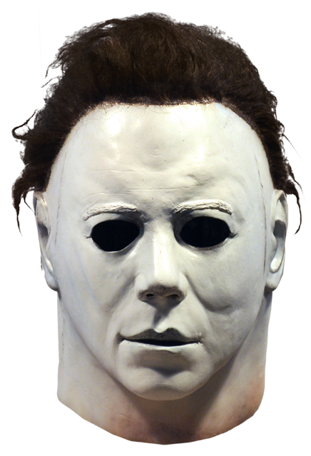 This is a Halloween 1978 Michael Myers mask and he has a white face and brown hair.