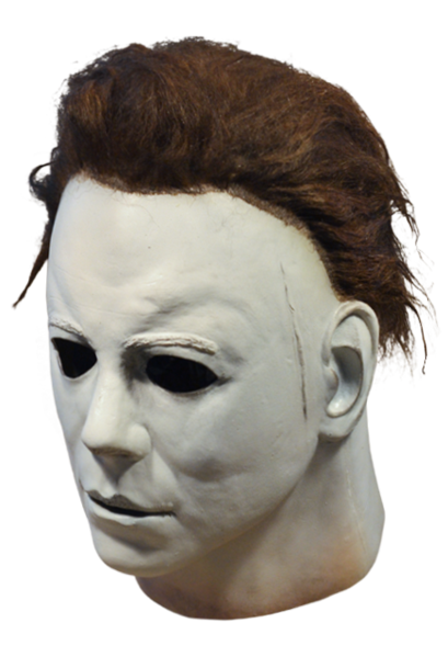 This is a Halloween 1978 Michael Myers mask and he has a white face, tan neck and brown hair.