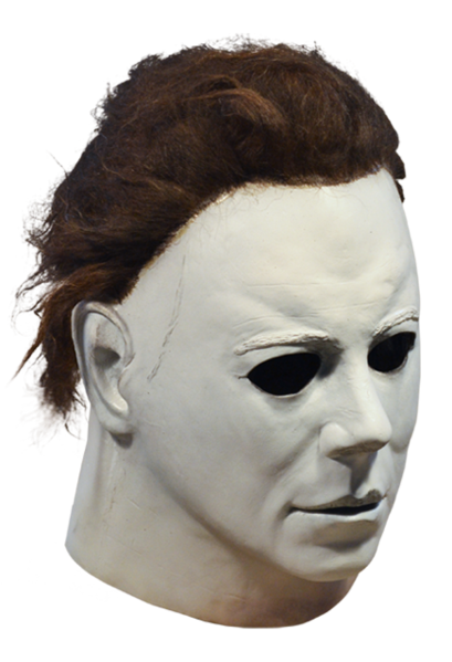 This is a Halloween 1978 Michael Myers mask and he has a white face, tan neck, white ear and brown hair.