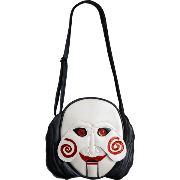 This is a Saw Jigsaw Billy purse and he has a white face, red eyes, red lips, red spiral cheeks and black hair.
