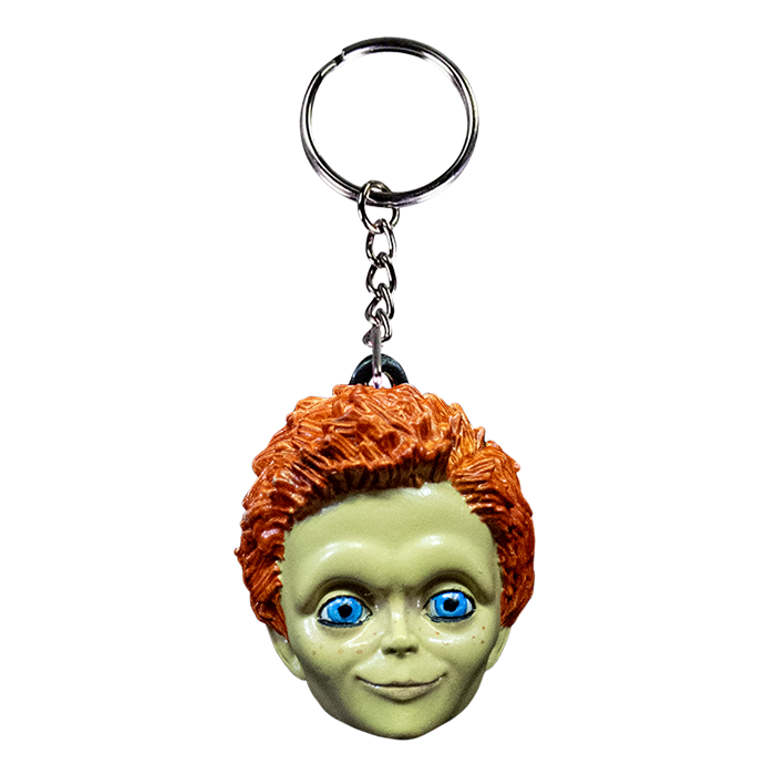 This is a Seed of Chucky Glen keychain and he has orange hair, blue eyes and a silver chain and hoop.