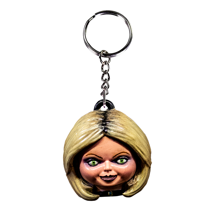 This is a Seed of Chucky Tiffany keychain and she has blonde hair, green eyes, black choker and has a silver chain and hoop.